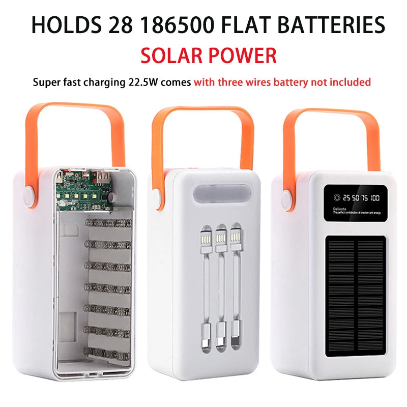 22.5W Fast Charging Mobile Power Supply Kit Solar 28-Cell 18650 Flat-Head Battery Power Bank No Welding, No Battery Included