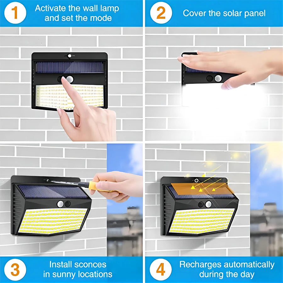 138 LED Solar Light Outdoor 4PCS Solar Wall Lamp Human Body Sensor 3 Mode Waterproof Garden Decor Street Lights Sunlight Powered
