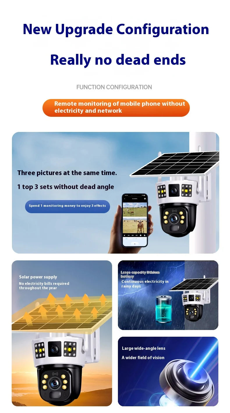 4G Solar Camera 6K 12MP Three Lens PTZ Dual screen PIR Human Tracking Color Night Vision Security CCTV Surveillance IP Camera