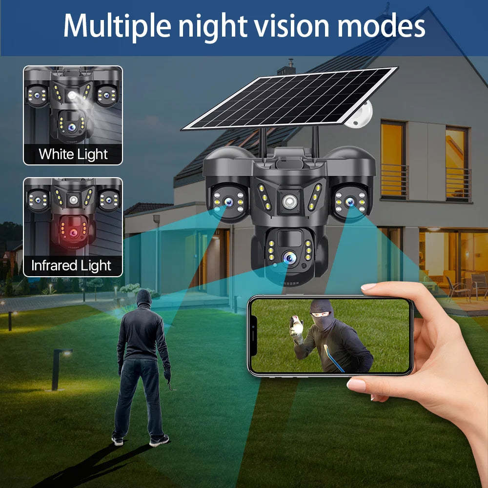 Solar 4G Camera With Sim Card 12MP 6K Three Lens Three Screen Monitor Night Vision Security Protection PTZ Video Surveillance