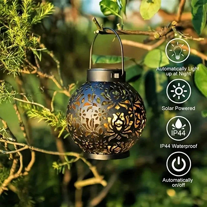 Solar Garden Light Outdoor Garden Decoration Solar Lights Metal Waterproof Round Lantern Lights Hanging Hollow Projection Lights