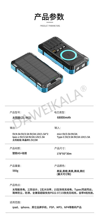 Solar panels Power bank Wireless charging solar phone charger 68000mAh with outdoor lighting Phone Charger 15W Wireless charging