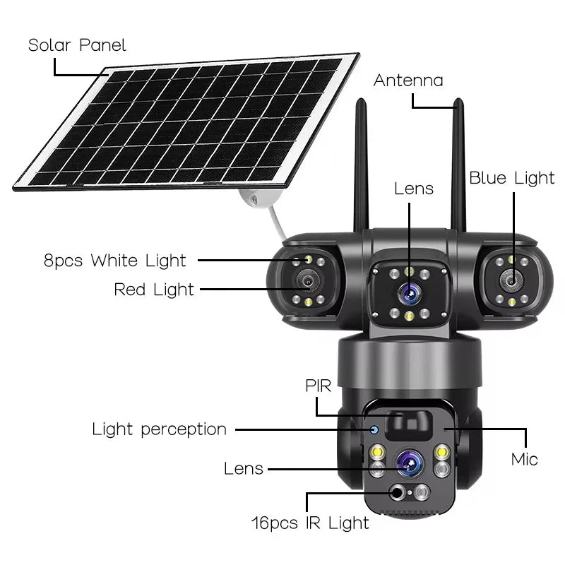 12MP Solar Surveillance Camera Wireless Outdoor 3 Lens Solar IP Camera PIR Color Night Vision Auto Tracking Battery CCTV Camera