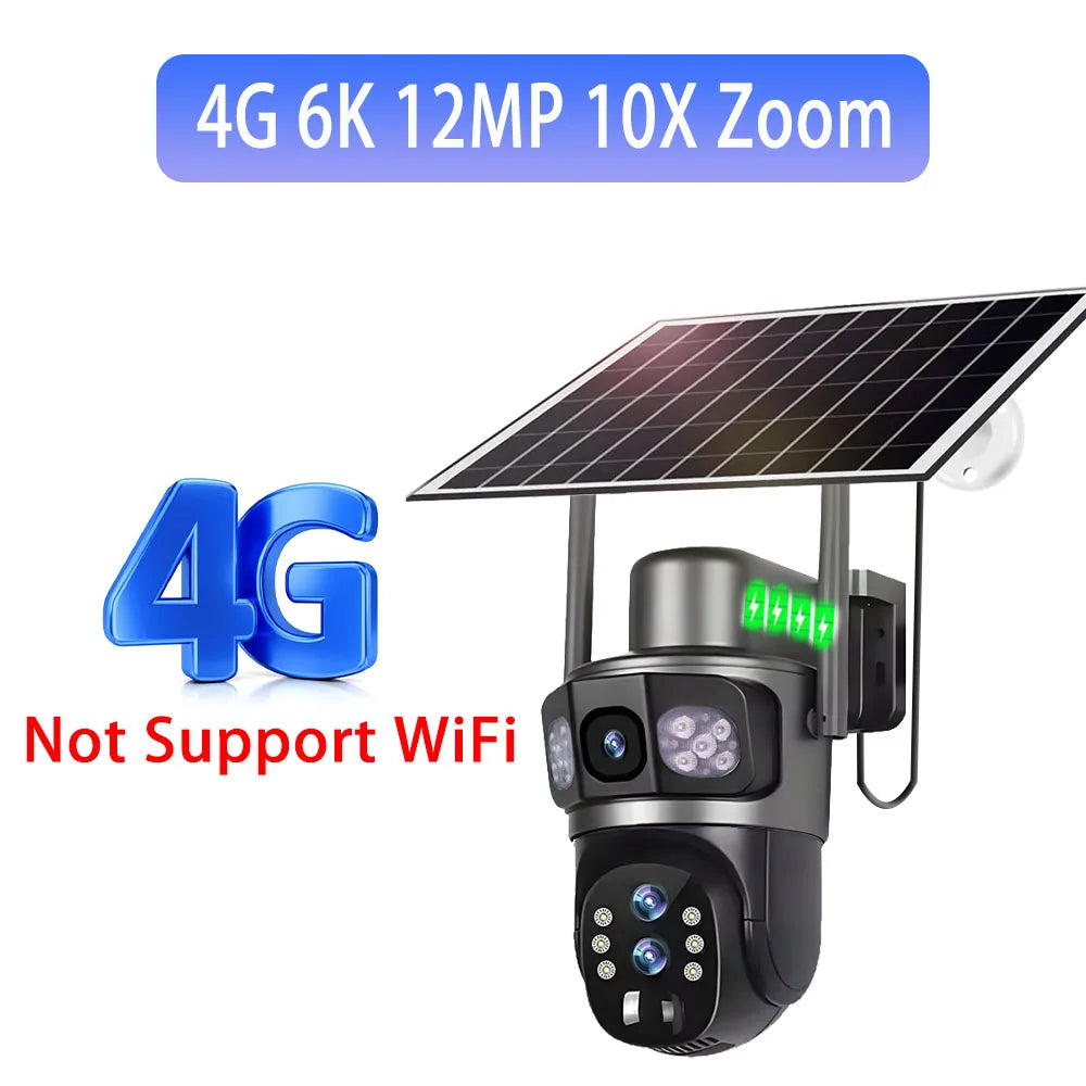 Solar Camera 4G Sim Three Screens 10X Zoom 6K 12MP Outdoor Surveillance Tracking Wireless Security Cameras Cctv Solar Power Cam