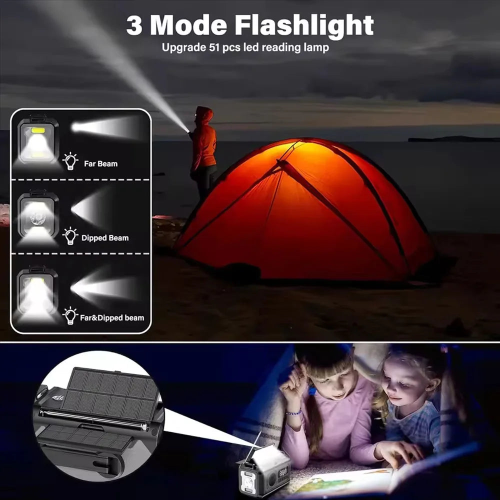 12000mAh AM/FM/NOAA Weather Radio with 2 Solar Panels Solar Hand Crank Portable Emergency Radio Reading Lamp for Outdoor Camping