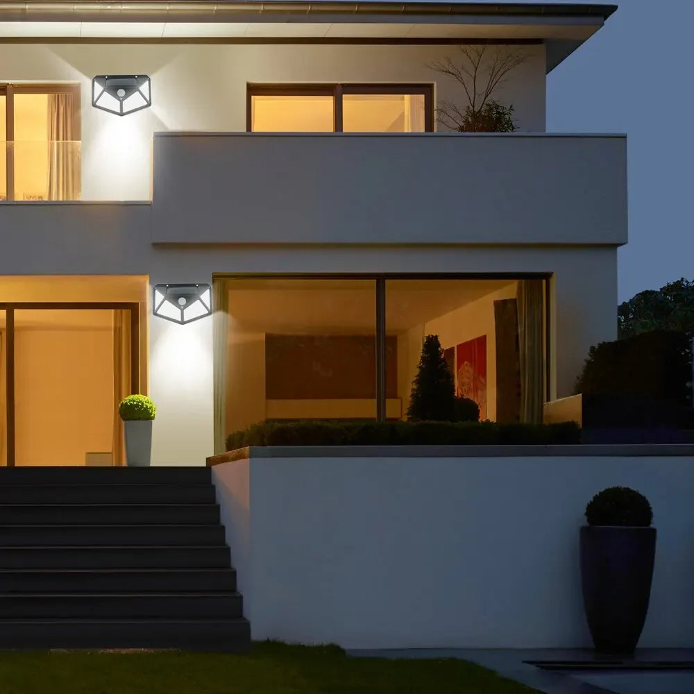 100 LED Solar Wall Lamp Wireless with Motion Sensor Human Waterproof Garden Decoration Spotlights Stairs Outdoor Wall Light