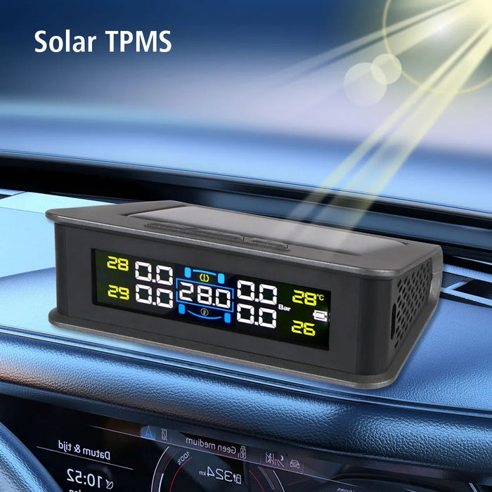Solar/USB Powered Auto Security Alarm Systems Tire Pressure Monitoring System Digital LCD Display Car TPMS 4 Sensors Built-in