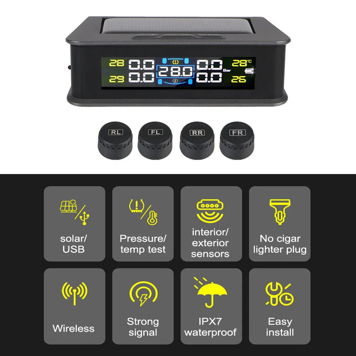 Solar/USB Powered Auto Security Alarm Systems Tire Pressure Monitoring System Digital LCD Display Car TPMS 4 Sensors Built-in