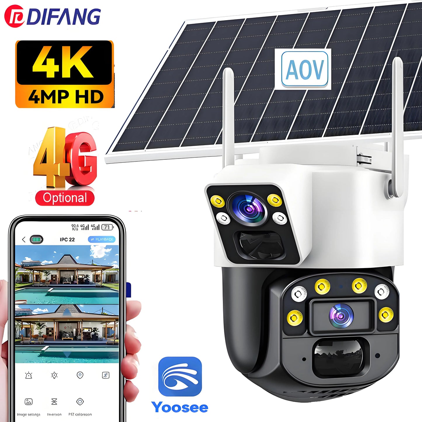 Yoosee Solar Camera 4G Sim Card CCTV Wireless 4G Solar CCTV Dual Lens Dual Screen Auto Tracking External 4G Sim Security Camera
