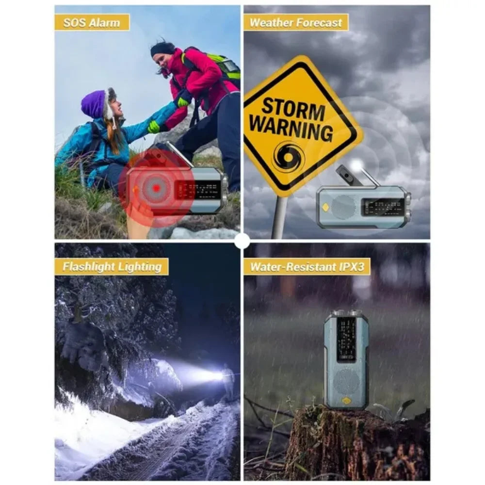 2000mAh Emergency Radio Solar Hand Crank AM FM WB NOAA Weather Global Receiver LED Flashlight SOS Alarm Power Bank