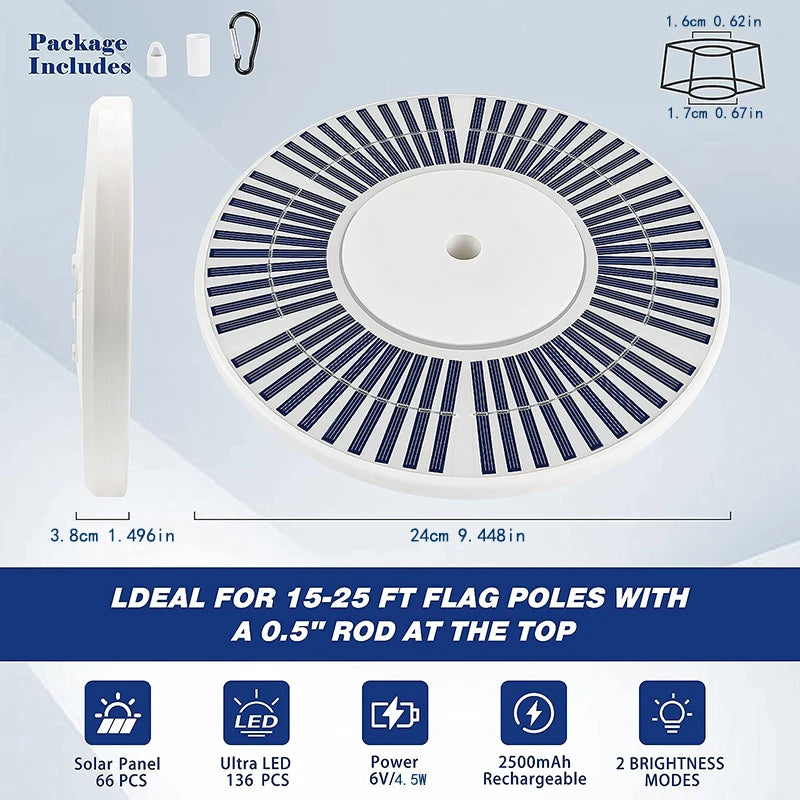 136 LED solar flagpole light, suitable for flagpoles 15-25 feet, 12 hour automatic switch from dusk to dawn, white and black