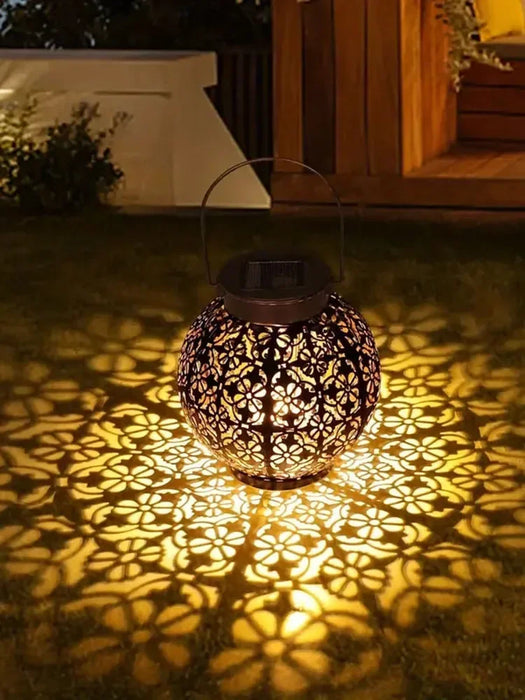 Solar Garden Light Outdoor Garden Decoration Solar Lights Metal Waterproof Round Lantern Lights Hanging Hollow Projection Lights