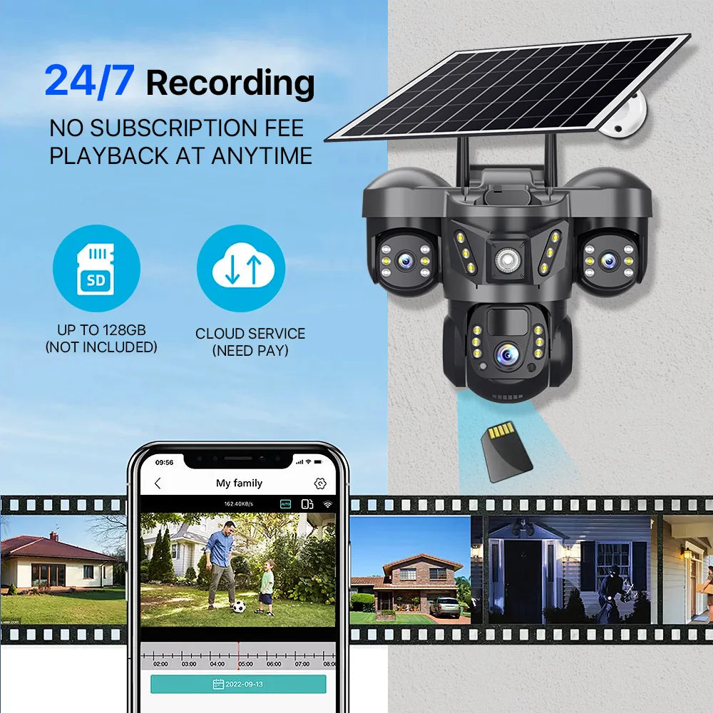 Solar 4G Camera 15MP Triple Lens Triple Screen 10x Zoom Outdoor Waterproof Battery Surveillan PIR Human Detection V380 Pro Cam