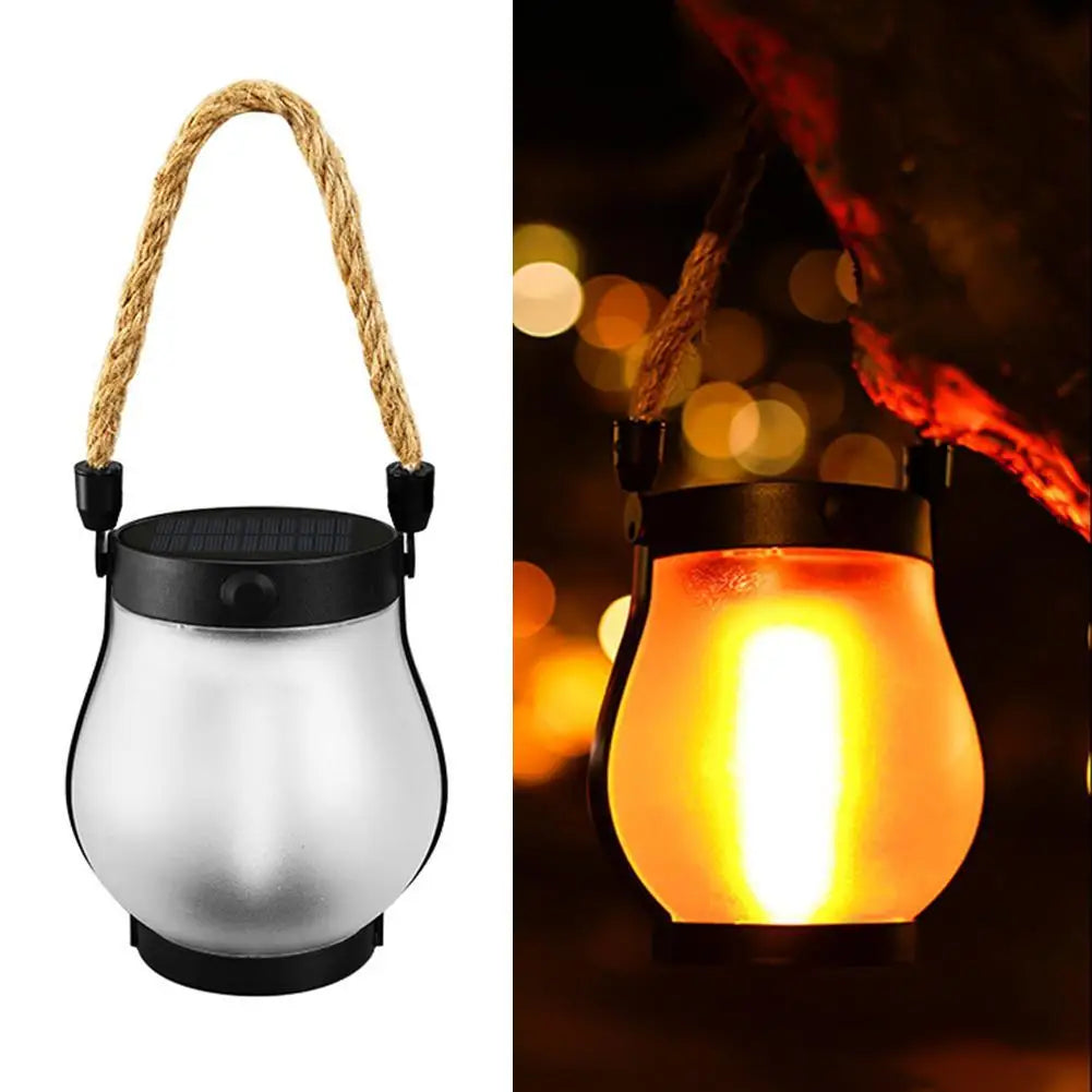 Solar Flame Lights Solar Powered Garden Lantern Flickering LED Light Decorative Yard Decor with Rope Rechargeable Camping Lamp