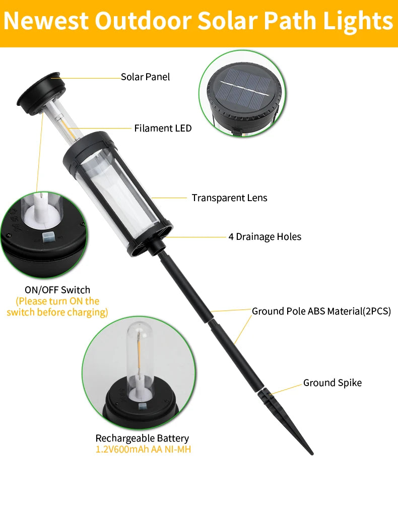 Retro Solar Pathway Warm Lights Outdoor Waterproof Solar Powered Garden for Walkway Yard Backyard Landscape Lighting Decorative