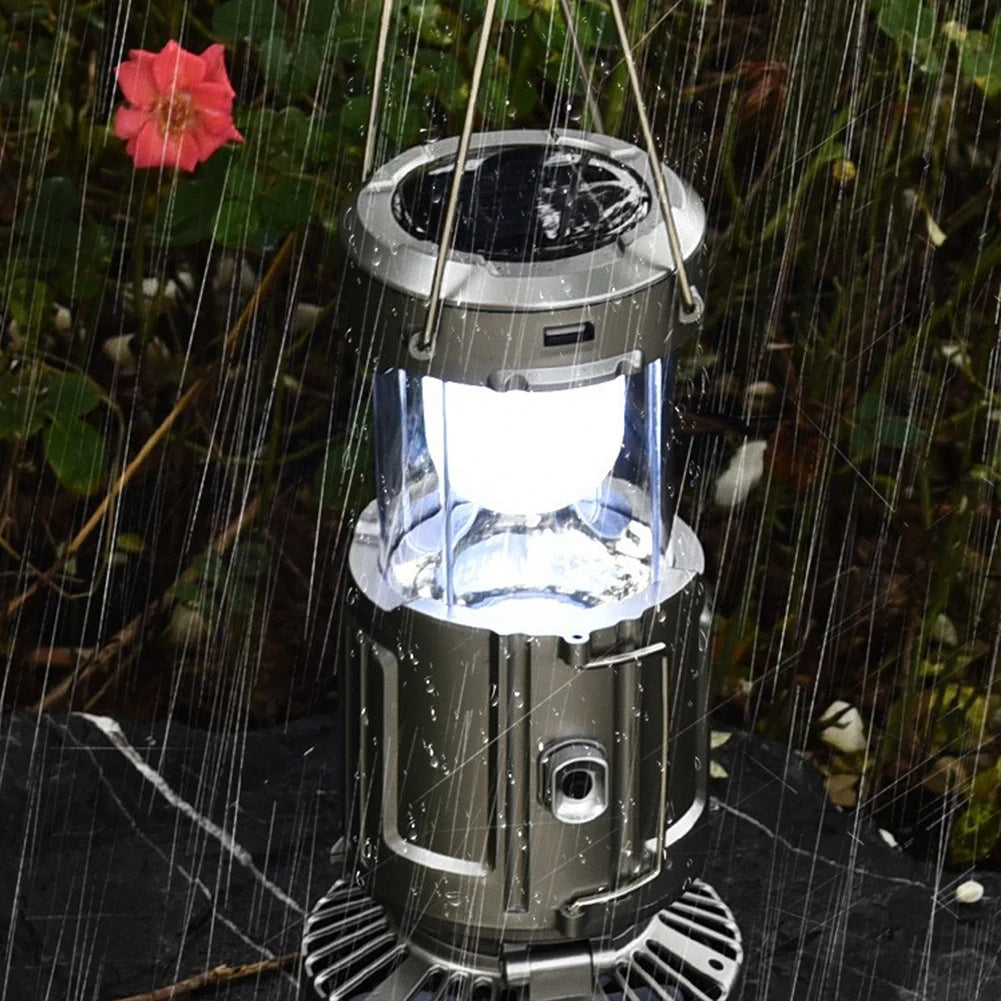 Solar Camping Lantern with Fan Rechargeable LED Lantern Multifunctional Camp Lamp for Power Outages Hiking