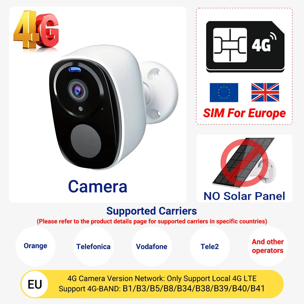 4G Solar Camera 5MP Wireless Outdoor Security Camera with Color Night Vision/Waterproof PIR Motion Alarm Solar/Battery Powered