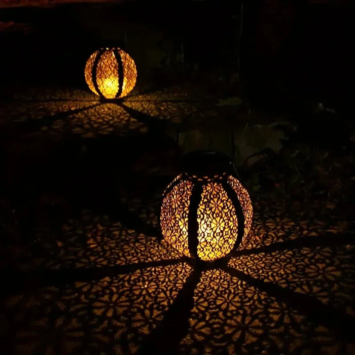 Solar Garden Light Outdoor Garden Decoration Solar Lights Metal Waterproof Round Lantern Lights Hanging Hollow Projection Lights