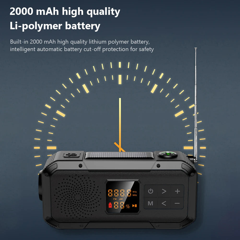 AM/FM/WB/NOAA Emergency Radio Hand Crank Solar Powered Radio Multifunction Weather Radio with BT Flashlight SOS for Outdoor