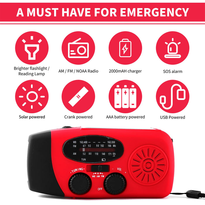 Hand Crank Solar Weather Radio 1200mAh AM/FM/NOAA Emergency Weather Radio Portable Power Bank with Solar Charging Battery 2024