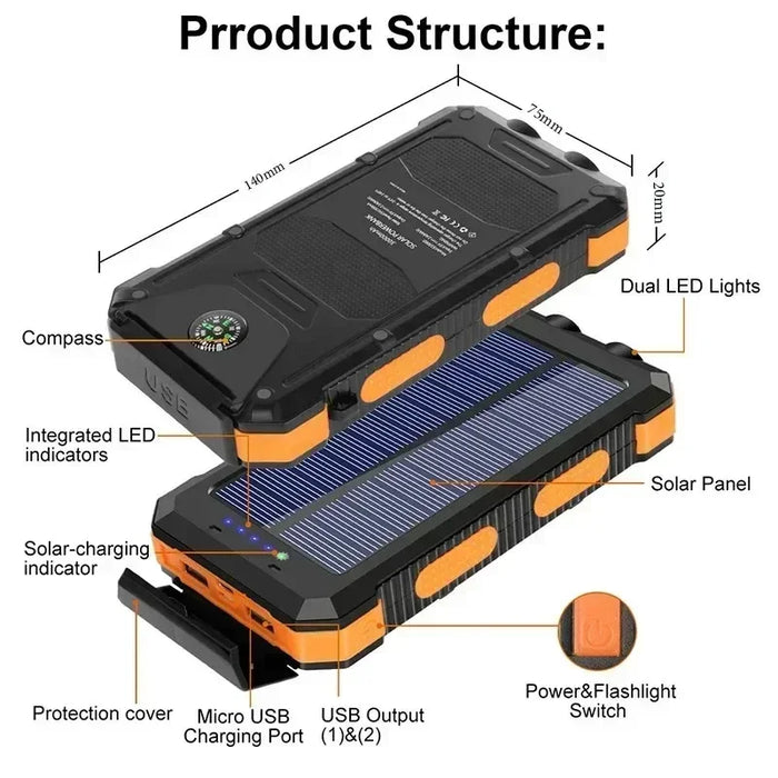 200000mAh Solar Power Bank Portable Charger with Compass LED Light Carabiner Outdoor Camping External Battery Pack For xiaomi