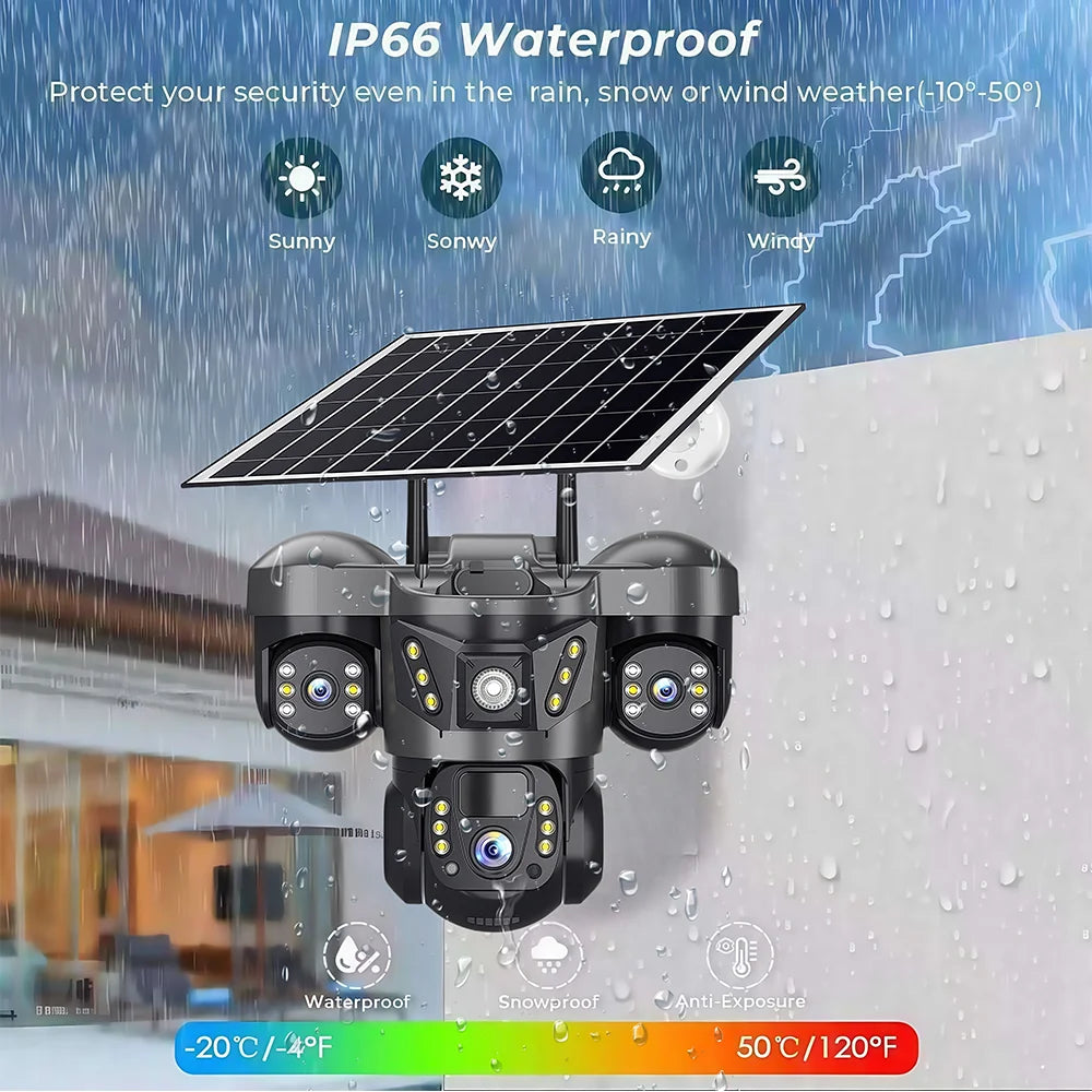 Solar 4G Camera 15MP Triple Lens Triple Screen 10x Zoom Outdoor Waterproof Battery Surveillan PIR Human Detection V380 Pro Cam