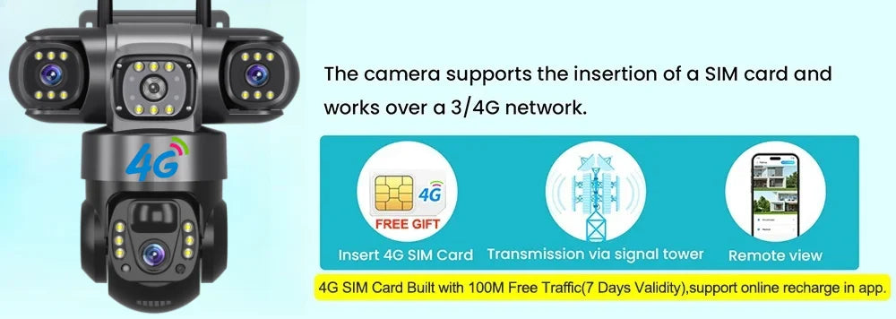 Solar 4G Camera With Sim Card 12MP 6K Three Lens Three Screen Monitor Night Vision Security Protection PTZ Video Surveillance