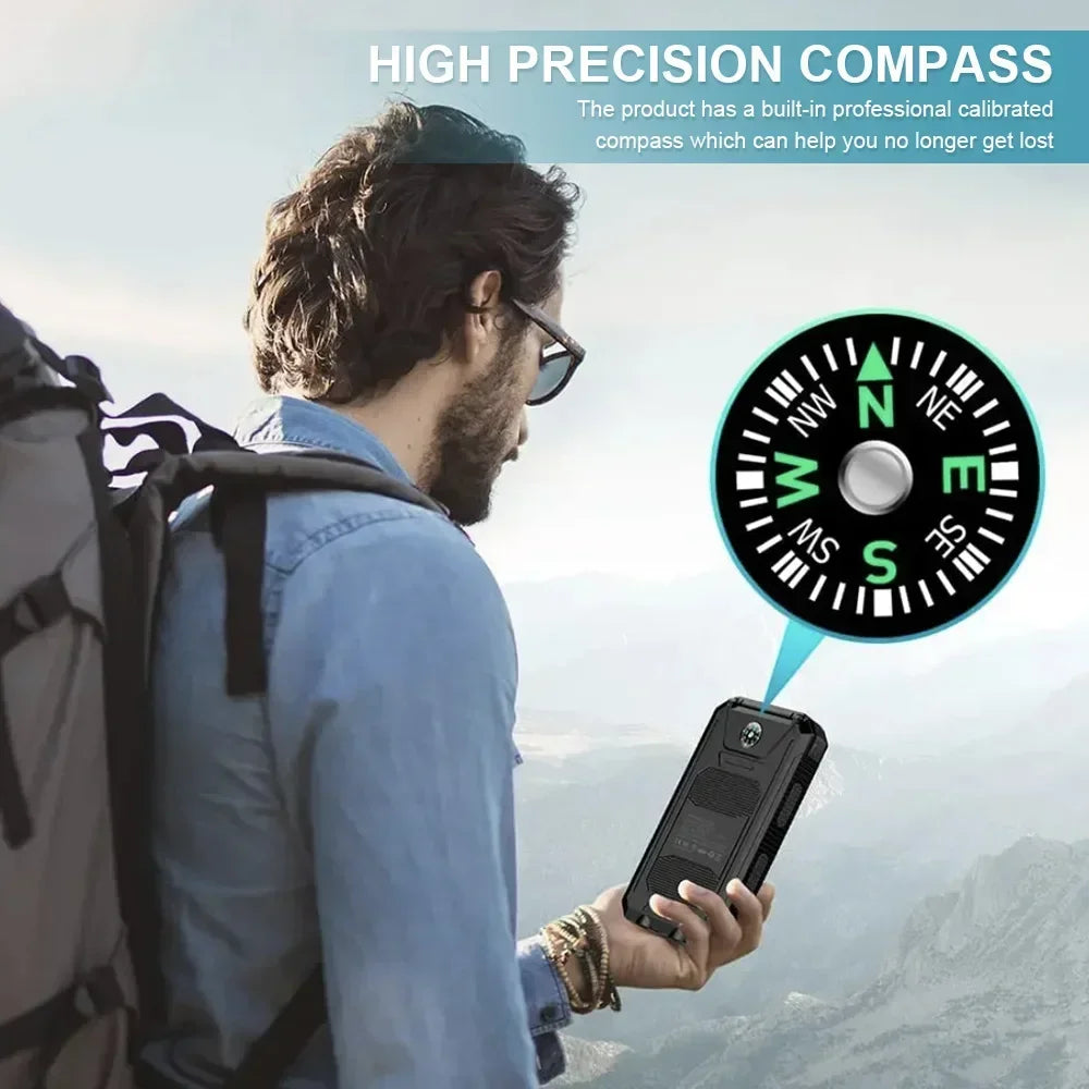 200000mAh Large Capacity Solar Power Bank New Portable With Lanyard Compass External Battery Outdoor Camping Charging Powerbank