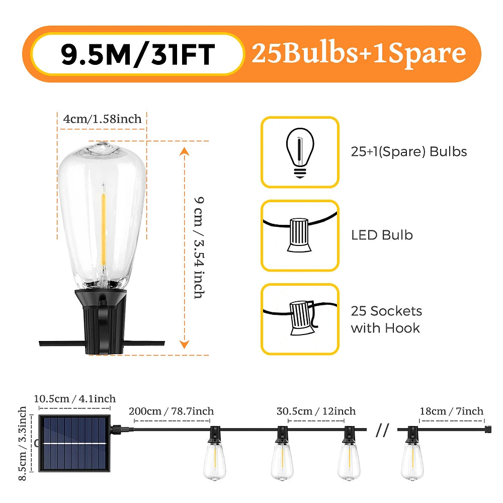 12M/9.5M Solar String Lights Outdoor with Remote, ST38 Patio Lamp & LED IP65 Shatterproof Bulbs, 8 Light Modes for Garden Party