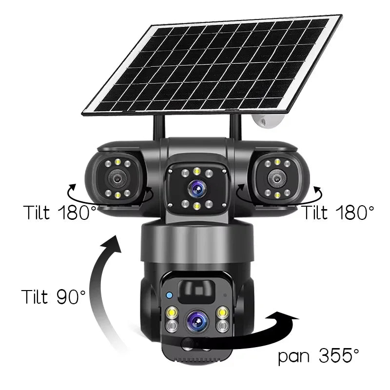 12MP Solar Surveillance Camera Wireless Outdoor 3 Lens Solar IP Camera PIR Color Night Vision Auto Tracking Battery CCTV Camera