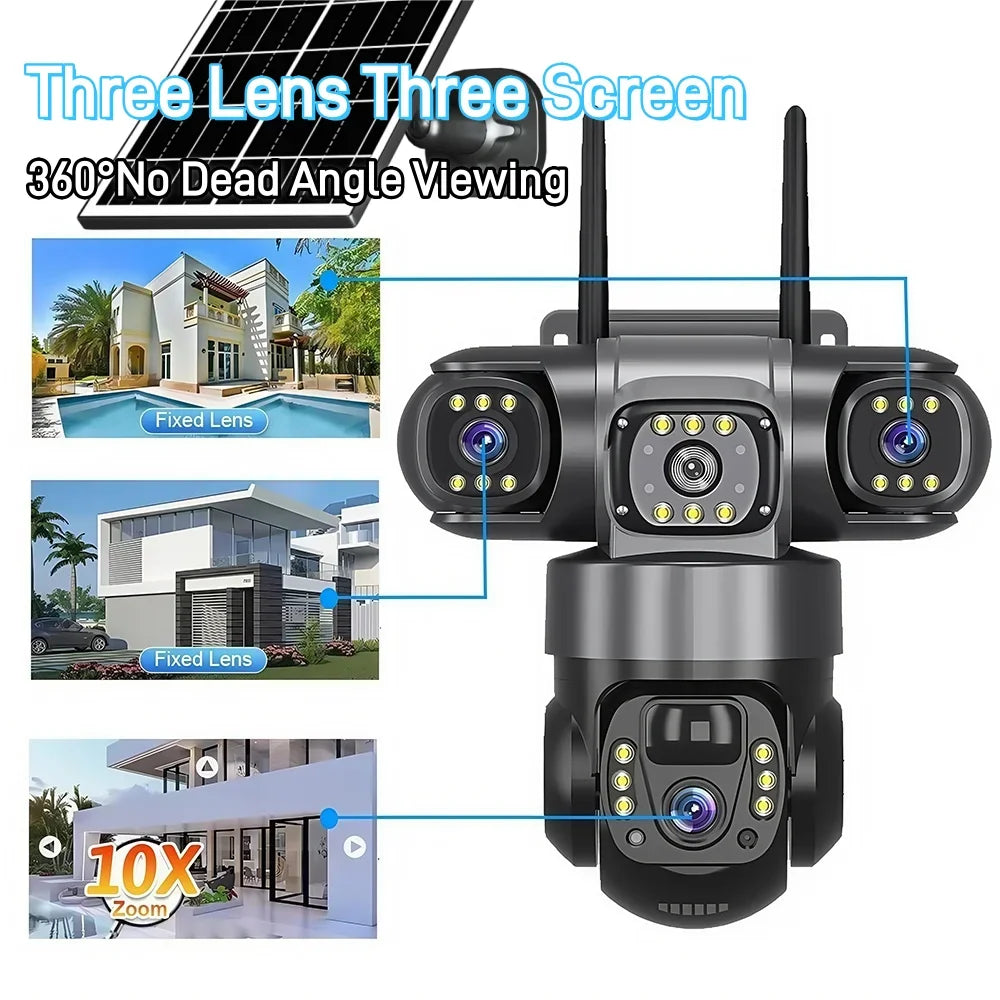 Solar 4G Camera With Sim Card 12MP 6K Three Lens Three Screen Monitor Night Vision Security Protection PTZ Video Surveillance