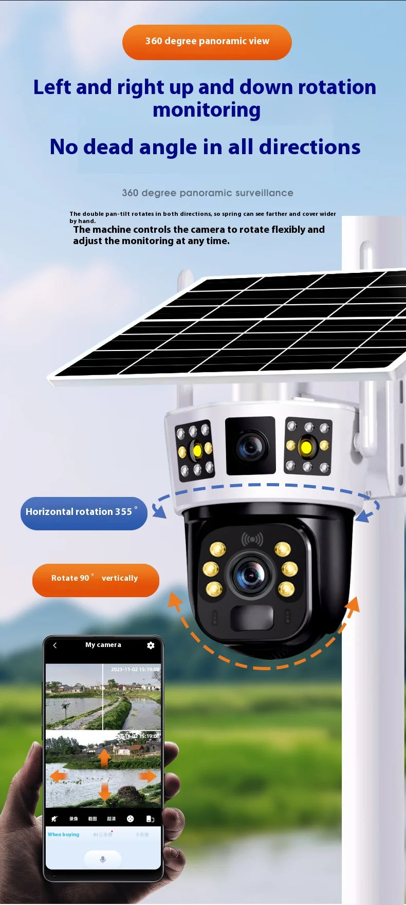 4G Solar Camera 6K 12MP Three Lens PTZ Dual screen PIR Human Tracking Color Night Vision Security CCTV Surveillance IP Camera