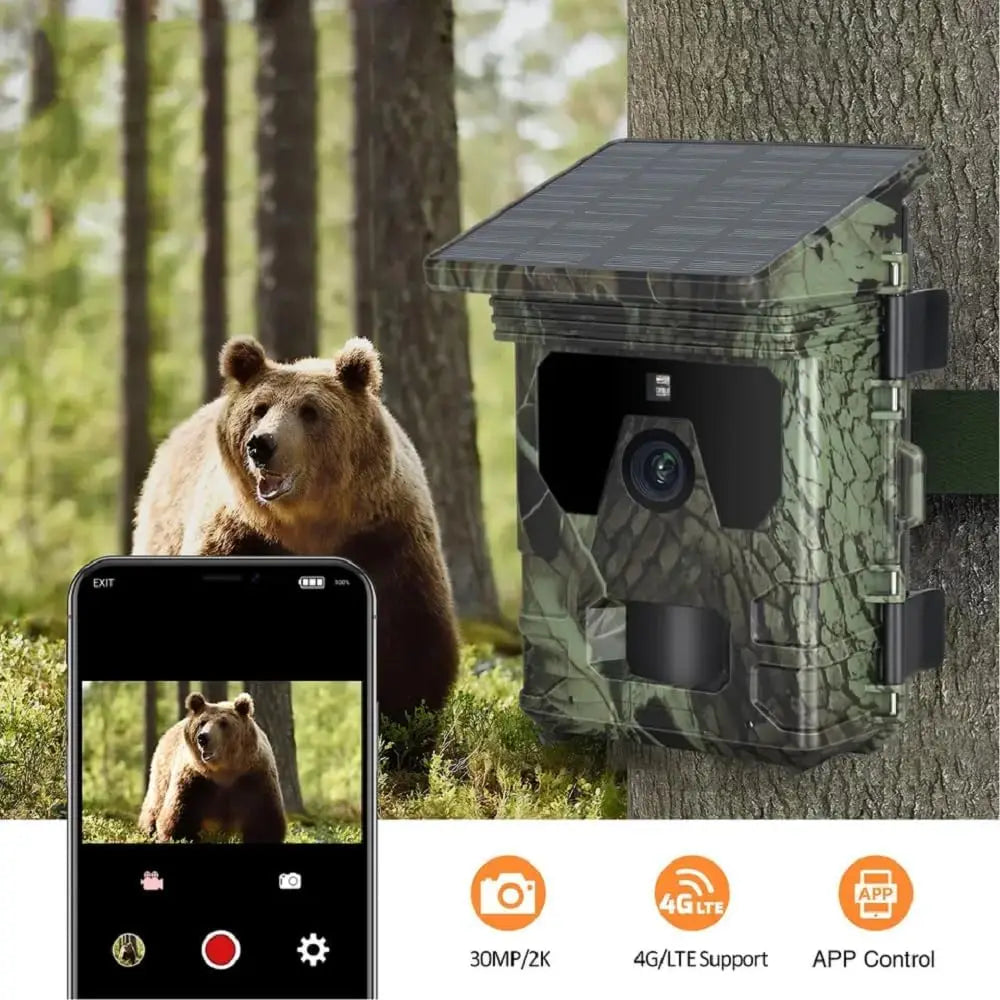 Solar Charging Hunting Camera, Outdoor Game Cam, Night Vision, 120 ° Detection, Wildlife Recording, 2K, 30MP, 4G