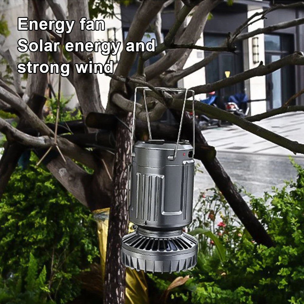 Solar Camping Lantern with Fan Rechargeable LED Lantern Multifunctional Camp Lamp for Power Outages Hiking