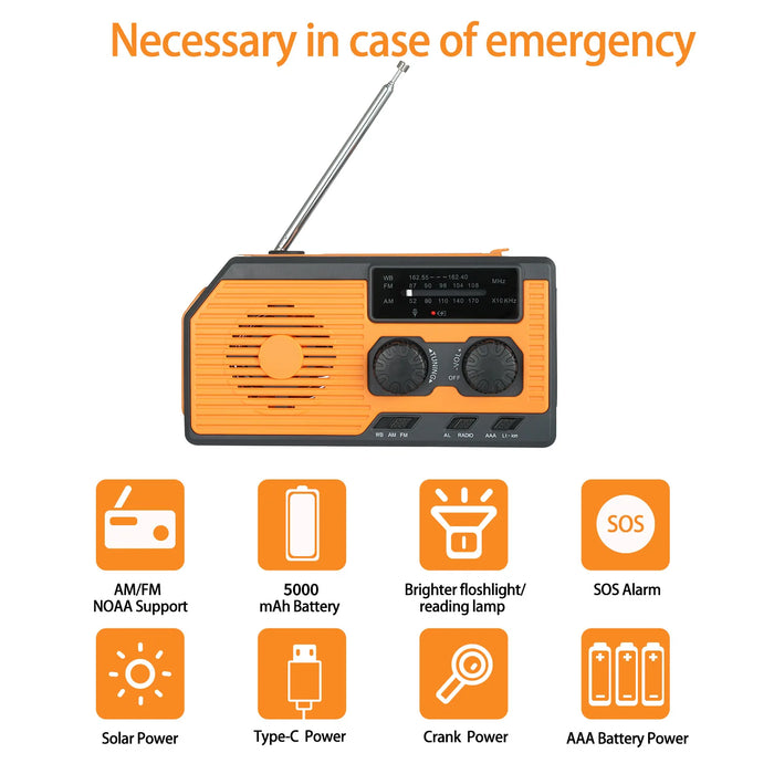 5000mAh Emergency Solar Power Radio Hand Crank USB Charging Radio FM AM WB NOAA Weather Radio LED Flashlight SOS Alarm Speaker