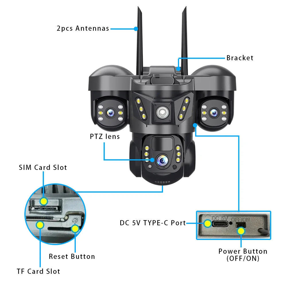 15MP Triple Lens PTZ 10X Zoom Solar Camera Outdoor Triple Screen 4G SIM Secure 360° Auto Tracking Smart Home Wireless CCTV Cam
