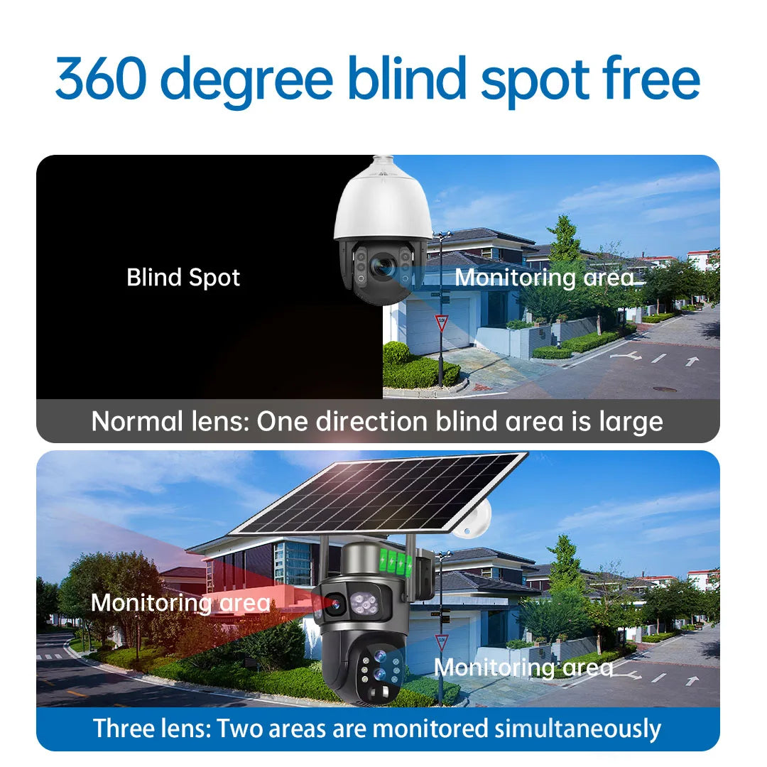 Solar Camera 4G Sim Three Screens 10X Zoom 6K 12MP Outdoor Surveillance Tracking Wireless Security Cameras Cctv Solar Power Cam