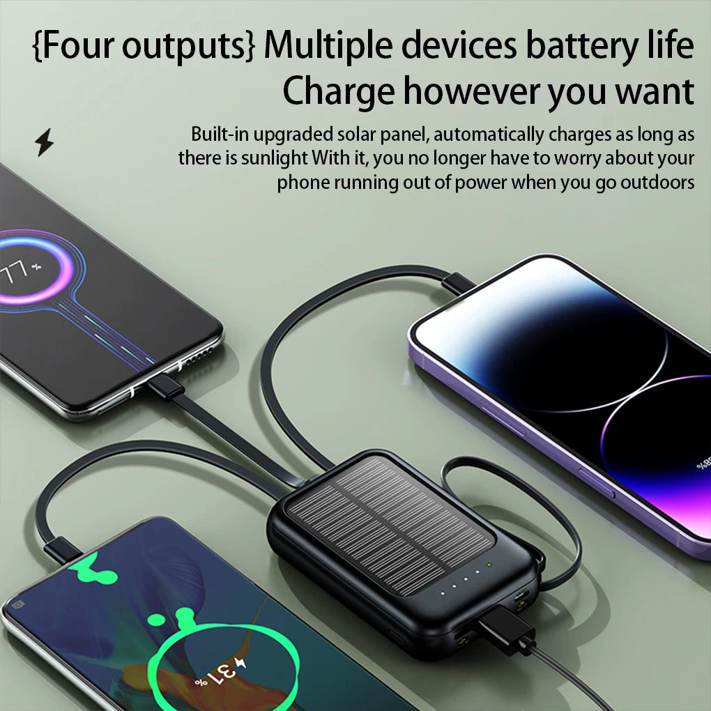 20000mAh High Capacity Solar Power Bank External Charger Powerbank LED Light New Solar Charger Built Cables 2 USB Ports