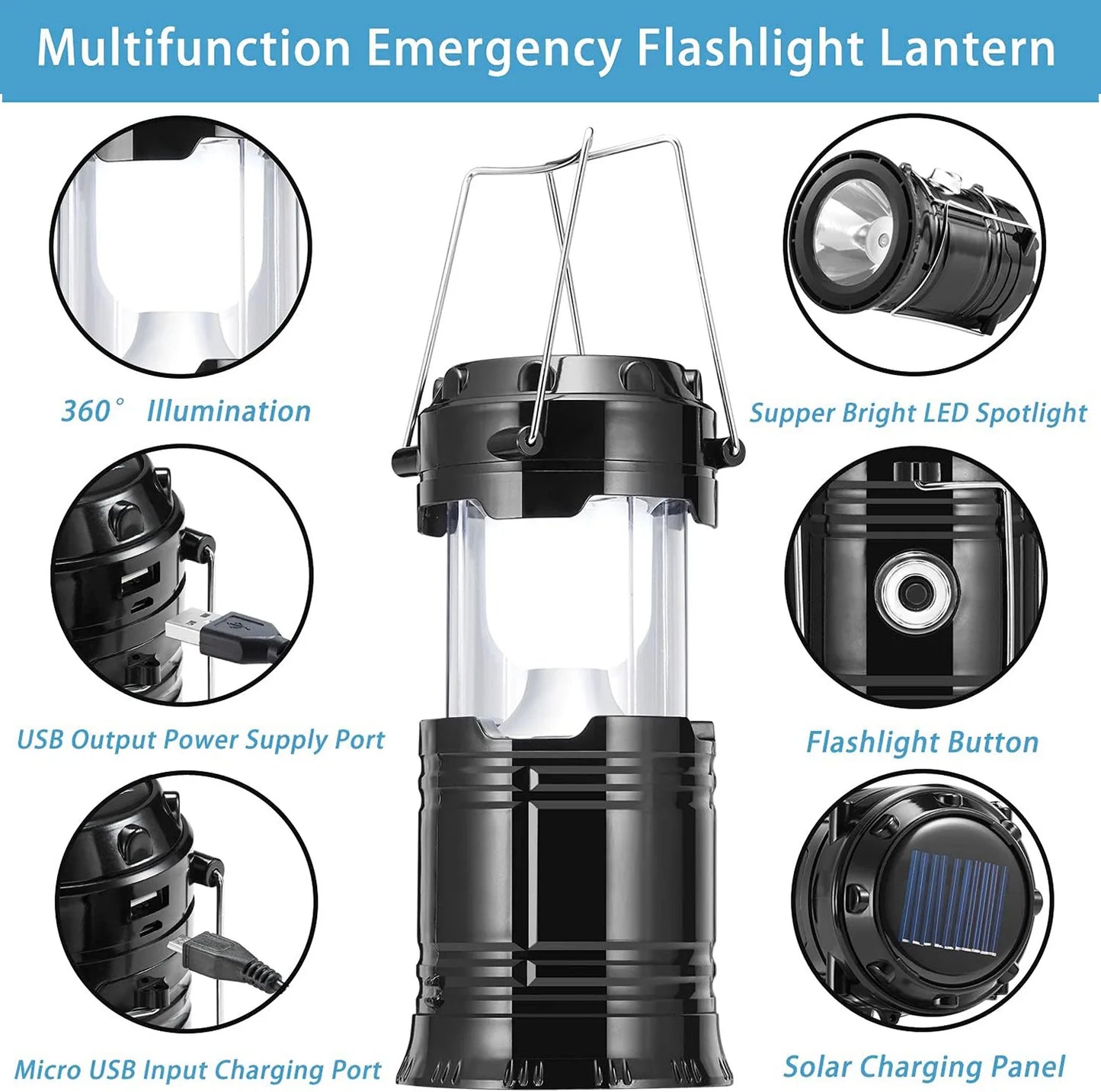 Solar Camping Lights COB Tent Lamp Portable Emergency Flashlight USB Rechargeable Waterproof Strong Light Fishing Hiking Torch