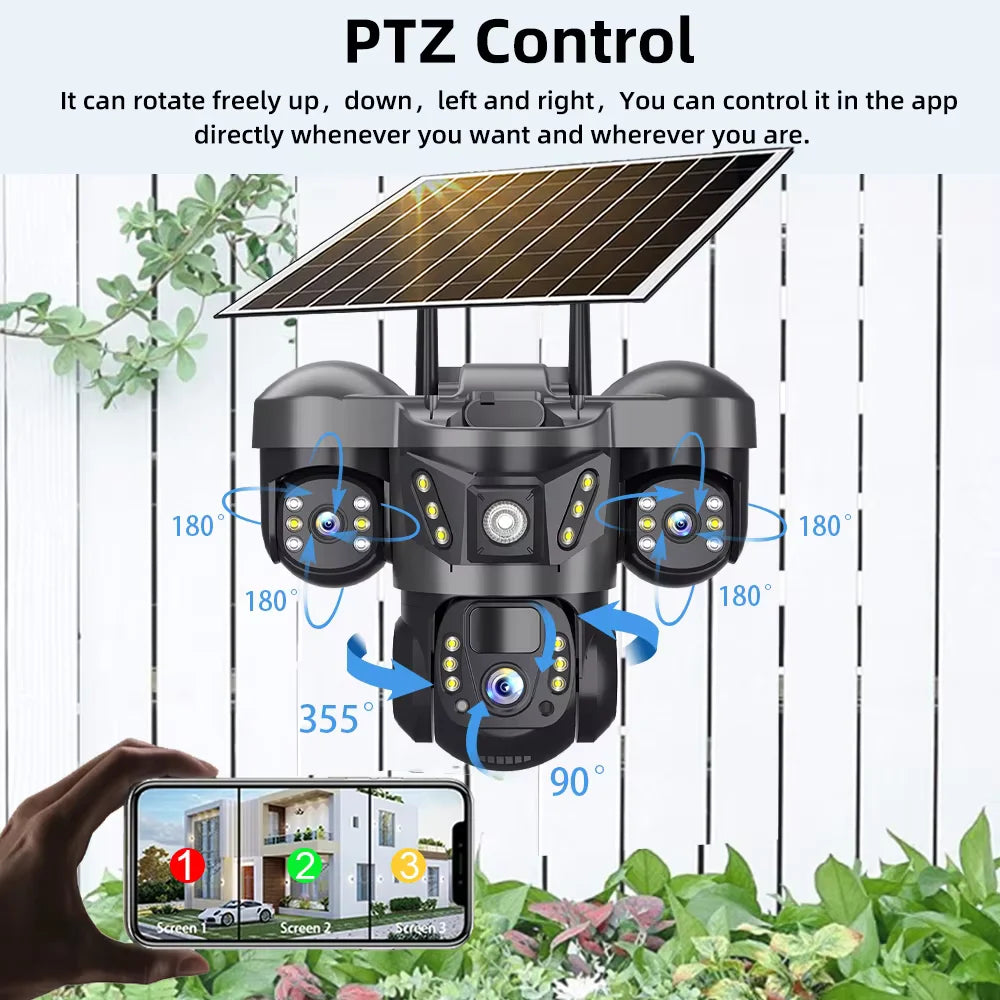 Solar 4G Camera 15MP Triple Lens Triple Screen 10x Zoom Outdoor Waterproof Battery Surveillan PIR Human Detection V380 Pro Cam