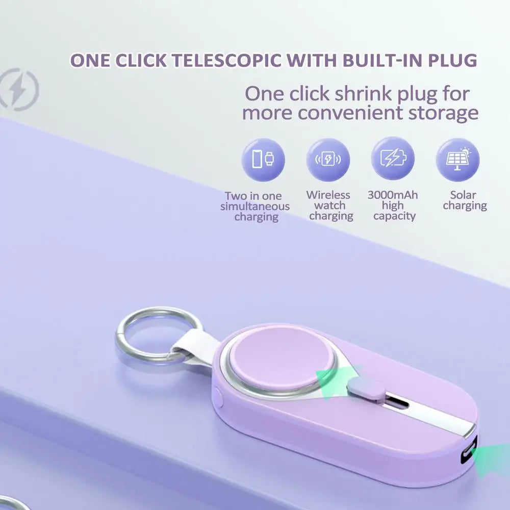 3000mAh Portable Solar Power Bank Charger Solar Keychain Mini TYPE C Power Bank With Wireless Watch Fast Charging Power Bank