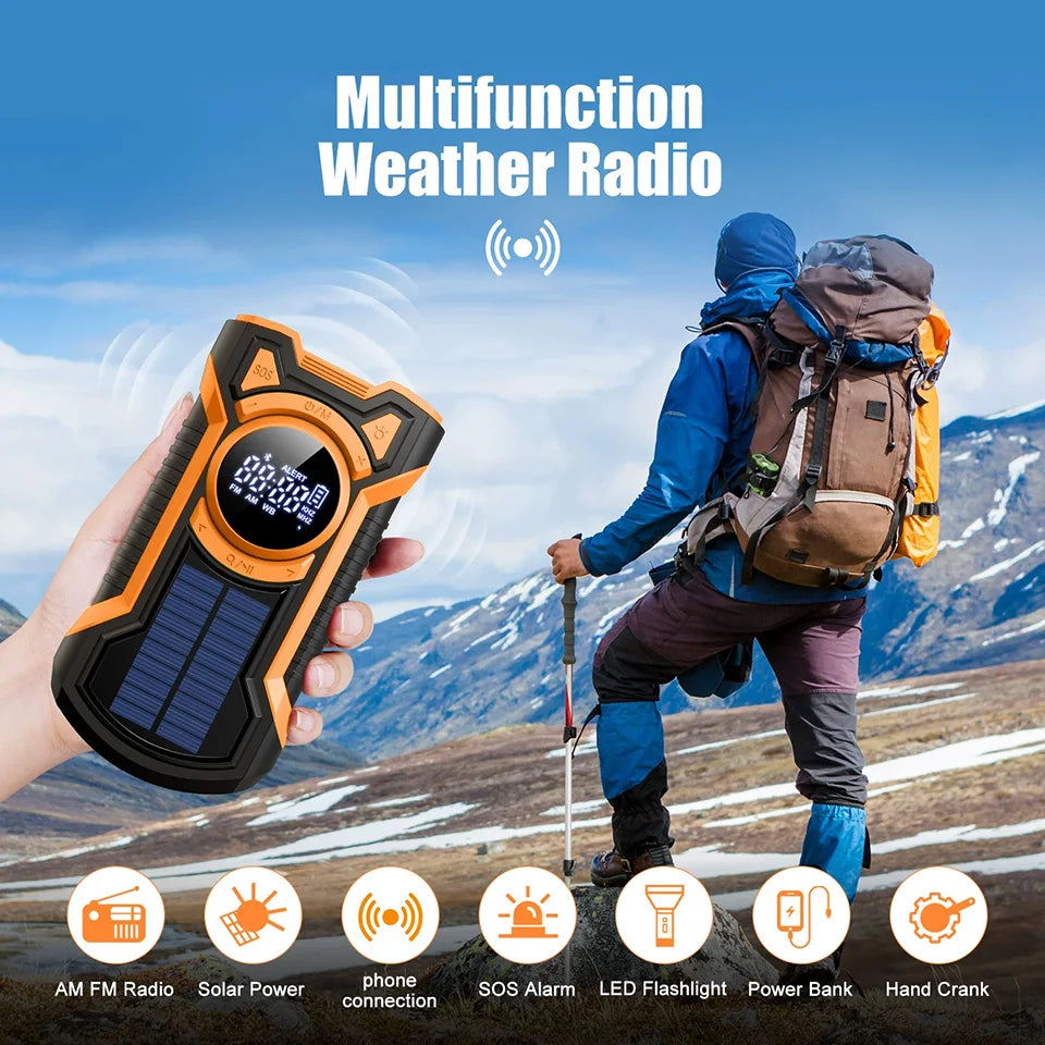 5000mAh Emergency Radio Hand Crank Solar, IP65 Waterproof Dustproof Bluetooth 5.3 Portable AM/FM/NOAA Weather Alert Radio