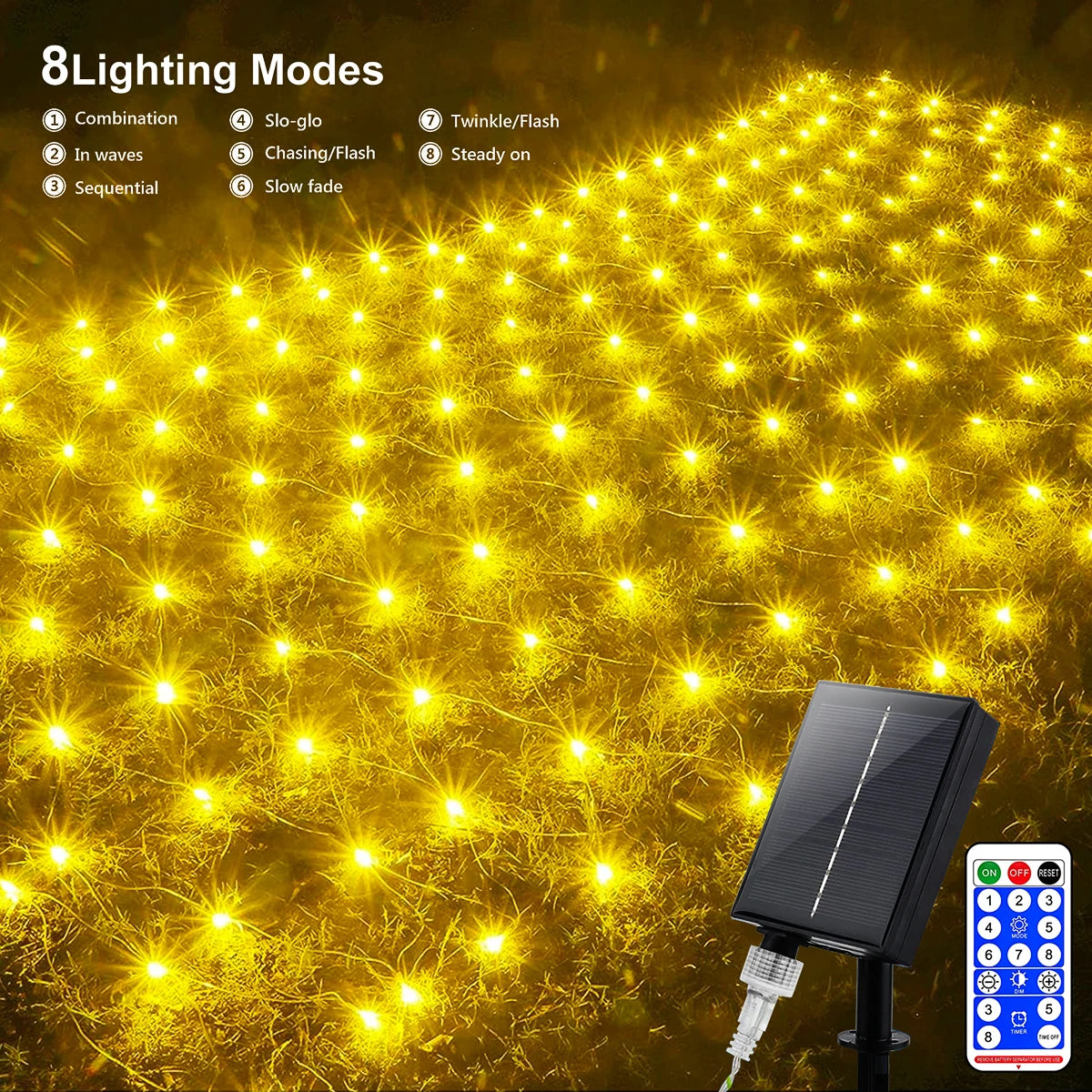 1pc Solar Net Lights Bush Net Lights Mesh Lights 8 Modes Remote Control Auto On/Off Outside Twinkle Lights For Patio Wall Roof