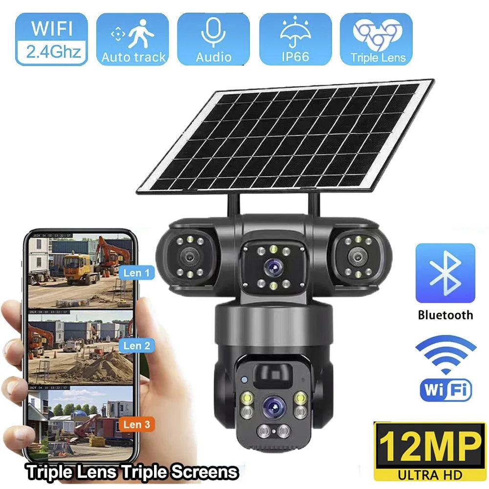 12MP Solar Surveillance Camera Wireless Outdoor 3 Lens Solar IP Camera PIR Color Night Vision Auto Tracking Battery CCTV Camera