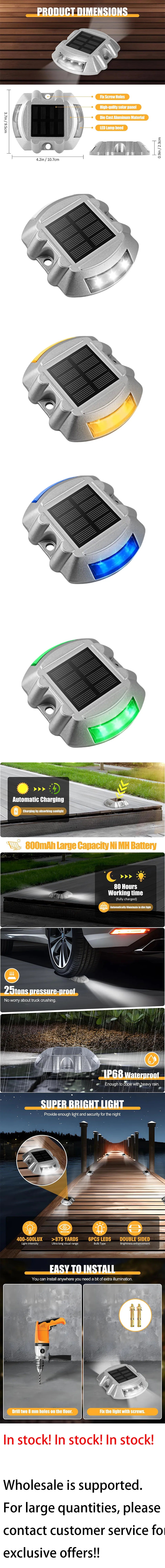 Solar Deck Lights Driveway Dock Lights, 2-Pack Led IP67 Waterproof Outdoor Warning Step Lights for Driveway Sidewalk Garden Path