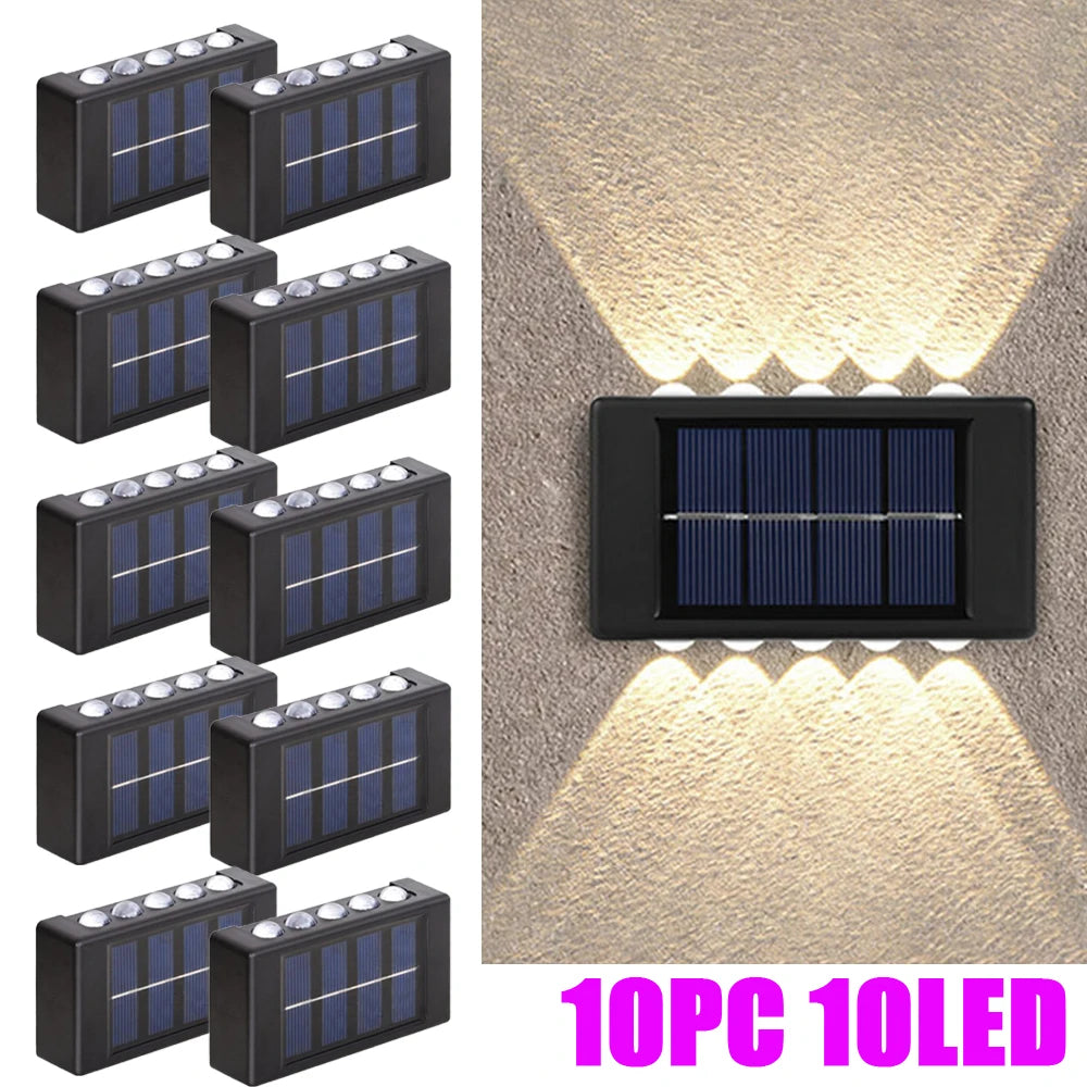 10PC, Outdoor 10 LED Solar Patio Path Light, Garden Wall Lighting Wall Sconce, Up and Down Illuminated Convex Mirror Light