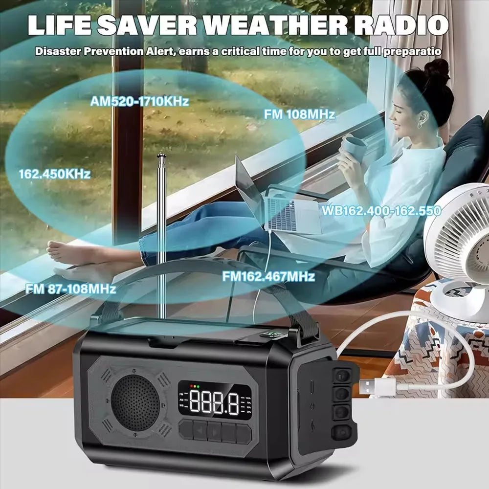 12000mAh AM/FM/NOAA Weather Radio with 2 Solar Panels Solar Hand Crank Portable Emergency Radio Reading Lamp for Outdoor Camping