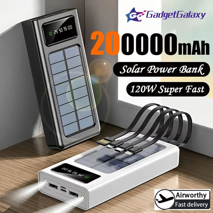 200000mAh Solar Power Bank Large Capacity Mobile Charging Outdoor Fast Charging 2 LED Light Suitable For iPhone Xiaomi Huawei