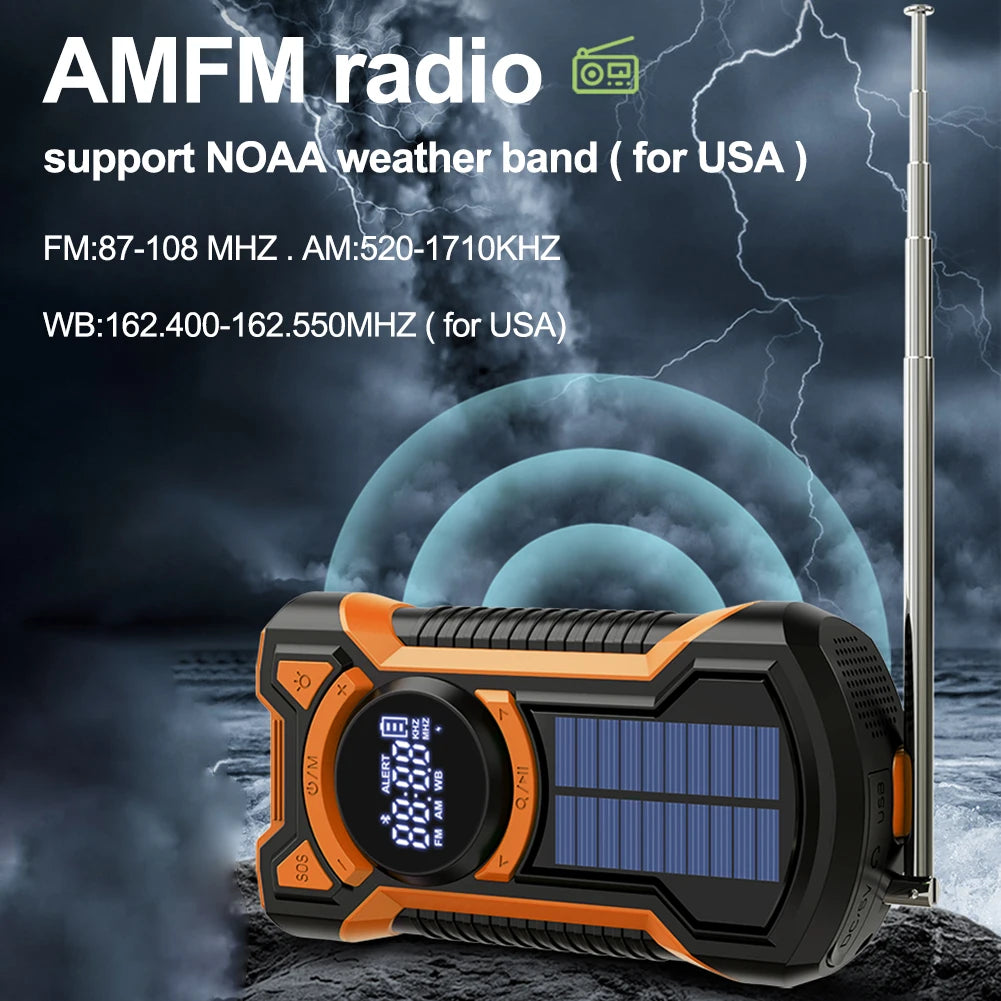 Solar Emergency Weather Radio Waterproof Hand Crank Weather Alert Radio 5000mAh Bluetooth-Compatible5.3 LED Flashlight SOS Alarm