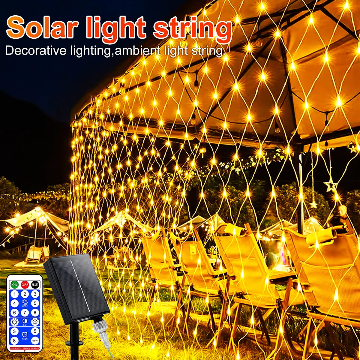 1pc Solar Net Lights Bush Net Lights Mesh Lights 8 Modes Remote Control Auto On/Off Outside Twinkle Lights For Patio Wall Roof